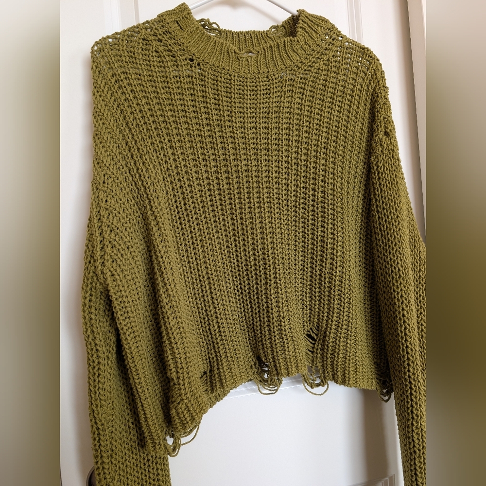ZARA Olive Green Cable-Knit Sweater  With Rips Women